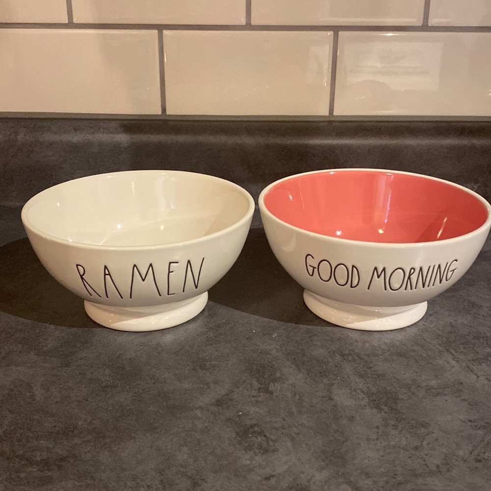 Rae Dunn GOOD MORNING, and RAMEN Bowls.